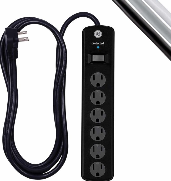 GE 6-Outlet Surge Protector, 8 Ft Extension Cord, Power Strip, 1300 Joules, Flat Plug Power Protection
